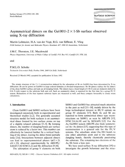 1992 asymmetrical dimers on the ge(001) 2 × 1-sb surface observed using x-ray...