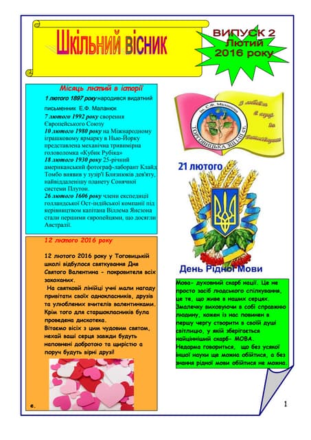Шкільний вісник Торговицька ЗШ Лютий