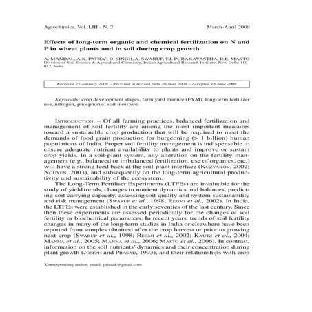 long-term organic and chemical fertilization on N and P in wheat plants and i...