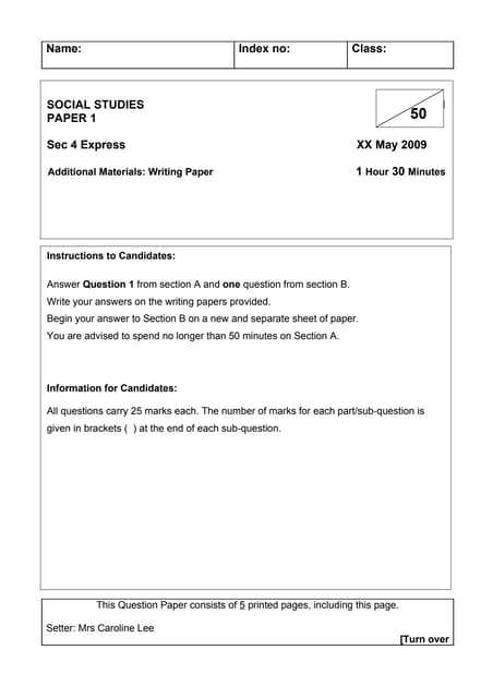 2009 My Social Studies 4 Exp Question Paper For Nhhs