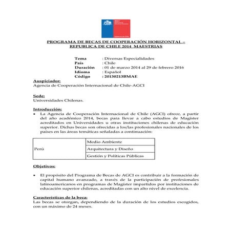 PROGRAMA DE BECAS DE COOPERACIÓN HORIZONTAL – REPUBLICA DE CHILE 2014 MAESTRIAS 