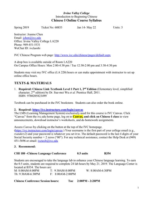 2019 Spring Chinese 1 online syllabus