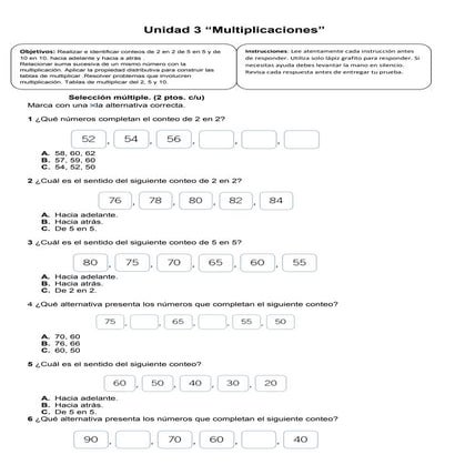 prueba matematica segundo basico