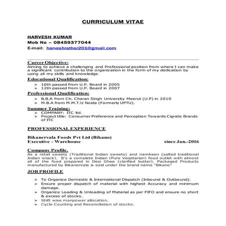 CURRICULUM VITAE (HARVESH)