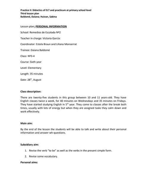 3rd lesson plan personal information