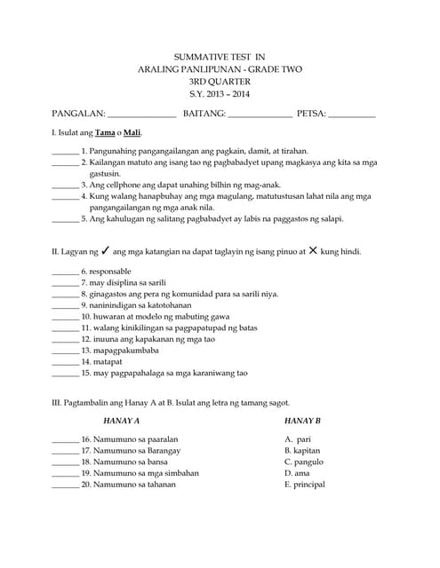 K to 12 Araling Panlipunan Grade 2 (3rd Quarter Summative Test)