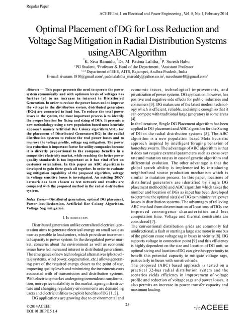 Optimal Placement of DG for Loss Reduction and Voltage Sag Mitigation in Radi...