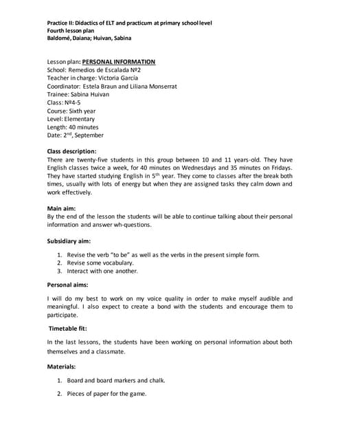 4th lesson plan personal information