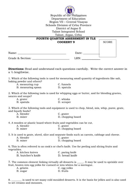 4TH QUARTER EXAMAMINATION TECHNOLOGY AND LIVELIHOOD EDUCATION