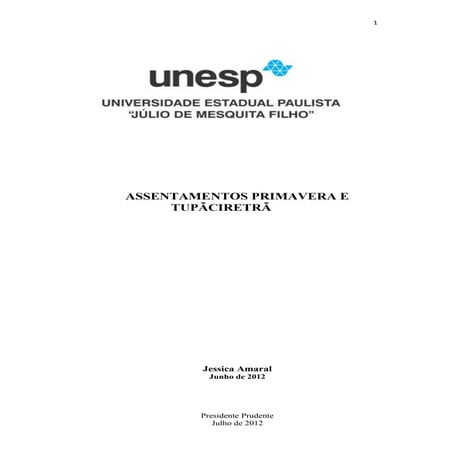 Sociologia - Relatorio ASSENTAMENTOS PRIMAVERA E TUPÃCIRETÃ. Unesp, 2012.