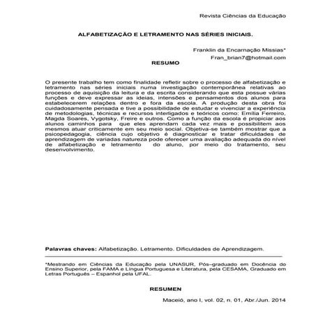 ALFABETIZAÇÃO E LETRAMENTO NAS SÉRIES INICIAIS