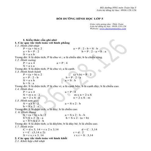 Toán lớp 5 - Tuyển tập 120 bài toán hình học lớp 5