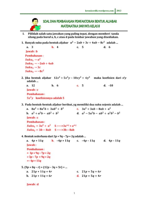 (8.2.1) soal dan pembahasan pemfaktoran bentuk aljabar matematika sltp kelas 8