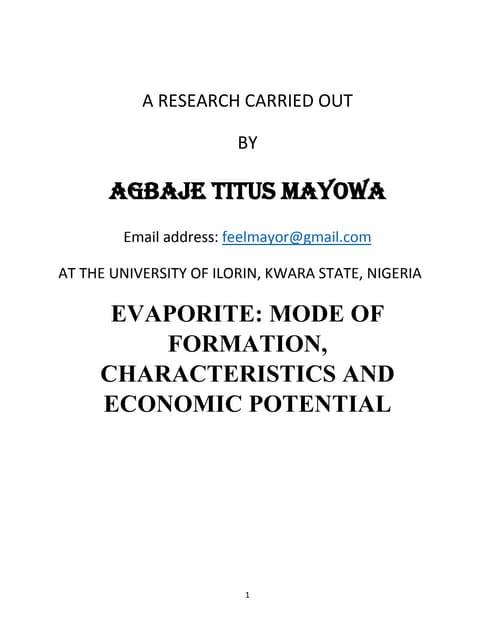 Evaporite mode of formation, characteristics and economic potential