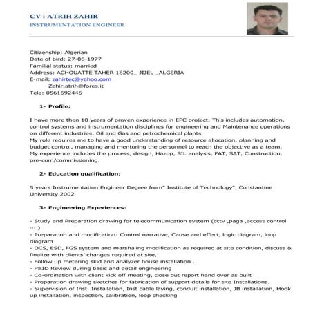 Resume instrumentation engineer 
