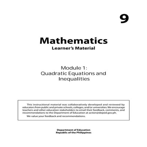 Grade 9: Mathematics Unit 1 Quadratic Equations and Inequalities.