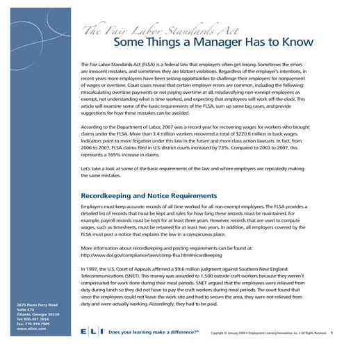 Facts About Fair Labor Standards Act