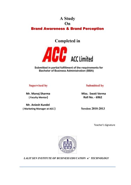 Project report on Brand awareness n Perception of ACC ltd.