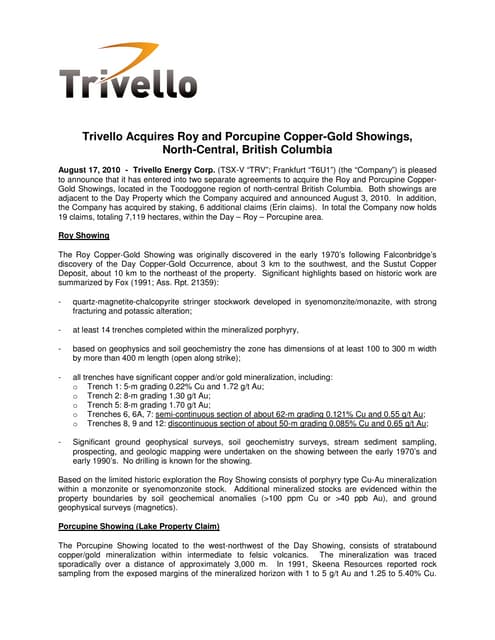 News Release:  Acquisition of Roy and Porcupine