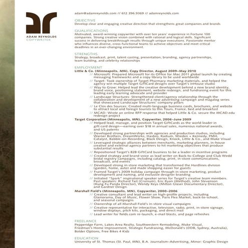 Adam Reynolds Copywriter Resume