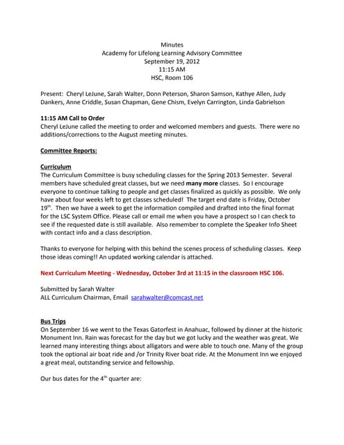 Advisory Committee Minutes  - September 2012