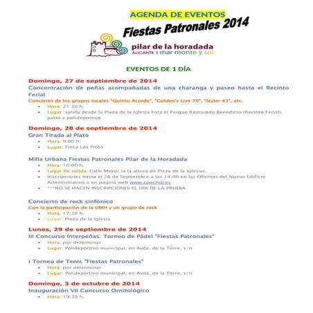 Agenda de eventos Fiestas Patronales 2014 de Pilar de la Horadada 2014