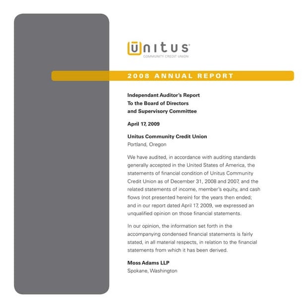 Unitus Community Credit Union - Addendum to the 2008 Annual Report