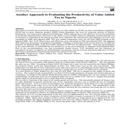 Another approach to evaluating the productivity of value added tax in nigeria