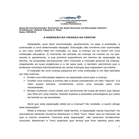 Inserçao da criança na creche