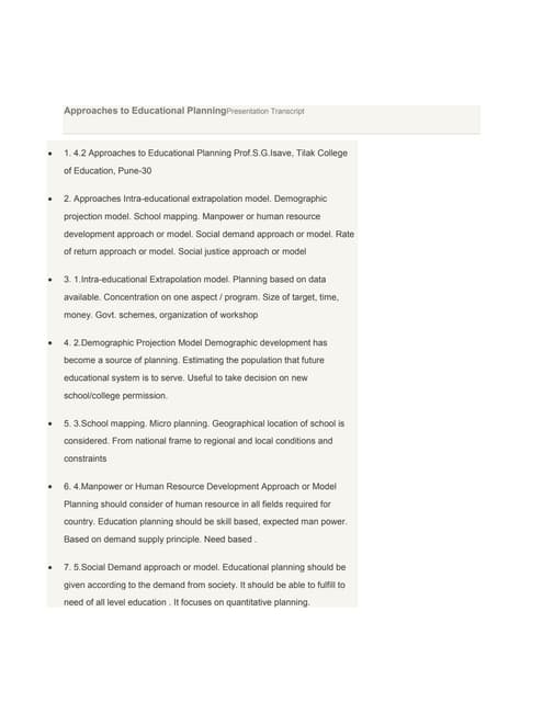 Approaches to educational planning presentation transcript
