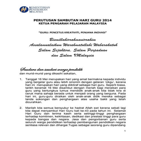 PERUTUSAN SAMBUTAN HARI GURU 2014 KETUA PENGARAH PELAJARAN MALAYSIA