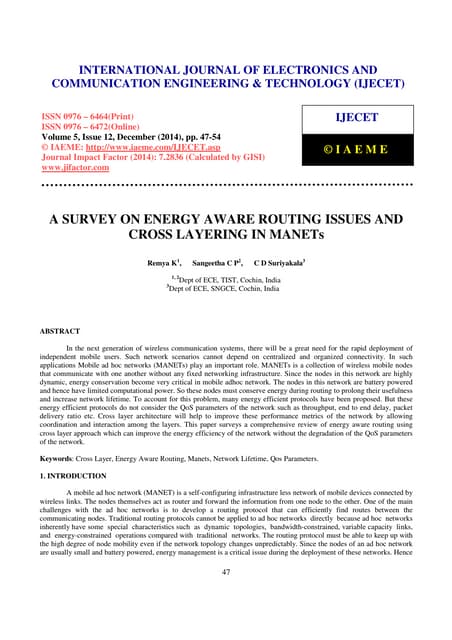 A survey on energy aware routing issues and cross layering in mane ts