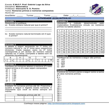 Números primos - Atividade 01