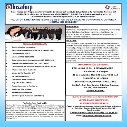 Auditor Lider ISO 9001:2015 para noviembre 2015