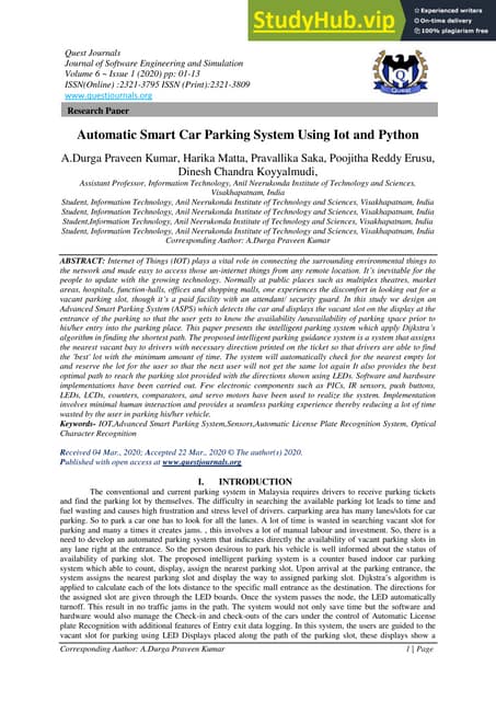 Automatic Smart Car Parking System Using Iot And Python