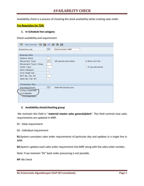 Availability Check in SAP SD