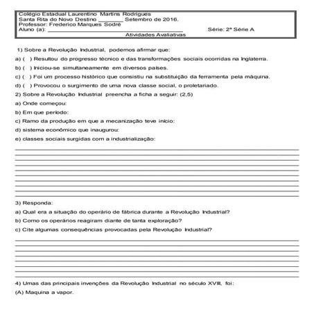 Avaliação de Hist. - Revolução Industrial