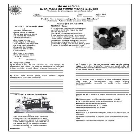 Avaliação de história   4º ano negros imigrantes