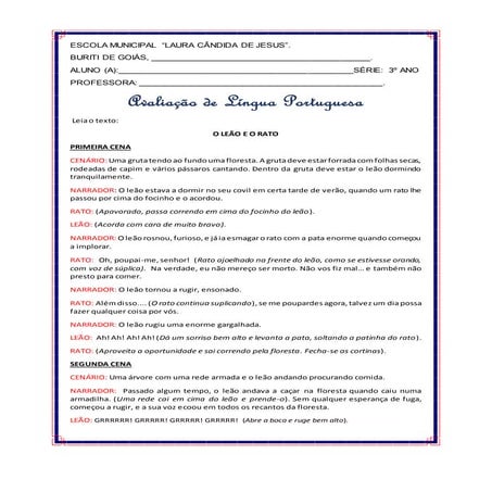 Avaliação Bimestral de Língua Portuguesa  - 3º ano 
