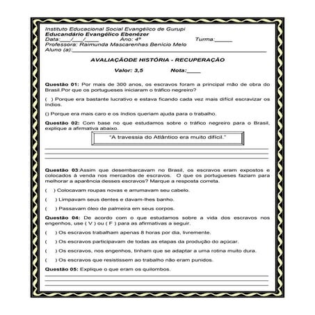 Avaliação de recup. historia 4º ano