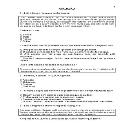 Avaliação para 2º e 3º ano e. f.