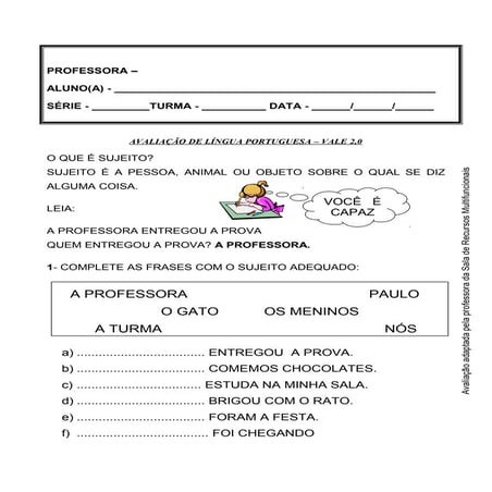 Avaliação tipos de sujeito 