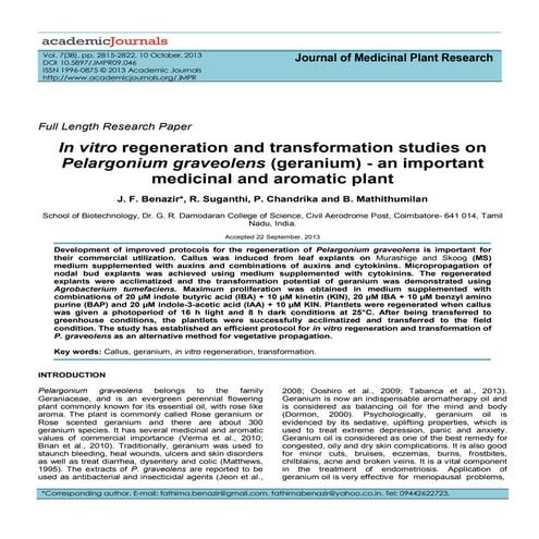 In vitro regeneration and transformation studies on Pelargonium graveolens (g...