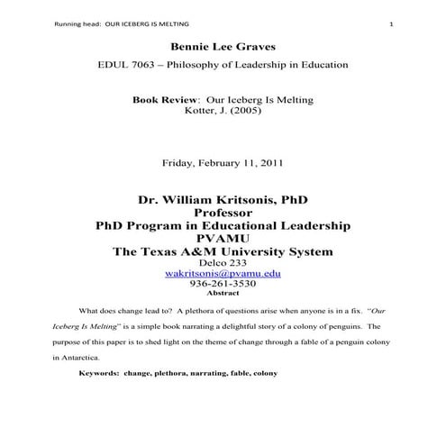 Bennie Graves  iceberg melting summary, submitted to William Allan Kritsonis,...