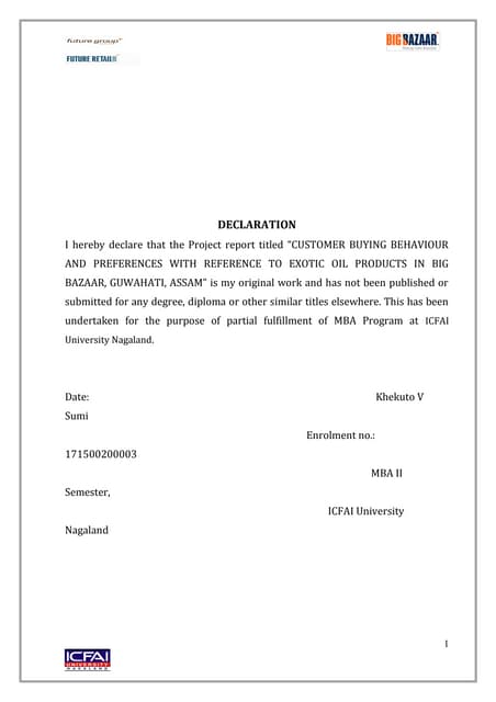 Big Bazaar Summer Internship Report MBA 2015-2017