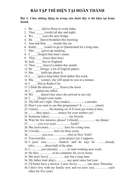 BÀI TẬP THÌ HIỆN TẠI HOÀN THÀNH HỌC SINH