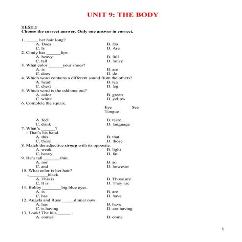 Bài tập tiếng anh lớp 6 (bài 9   the body)