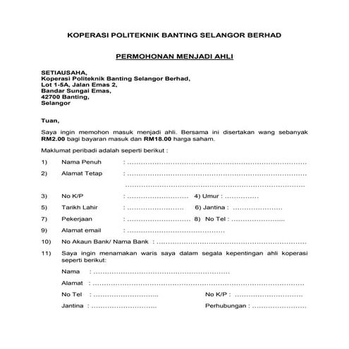 Borang ahli koperasi