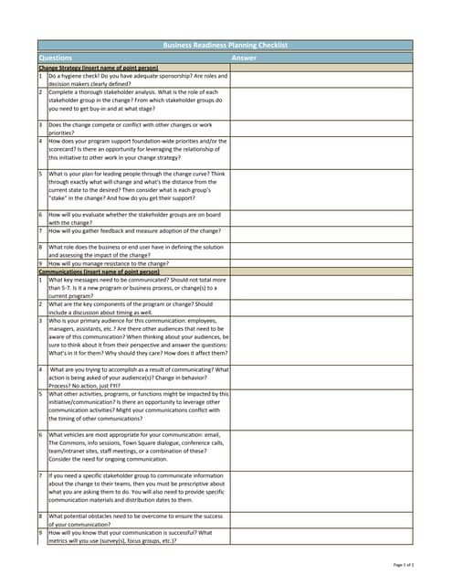 Business Readiness Planning Checklist