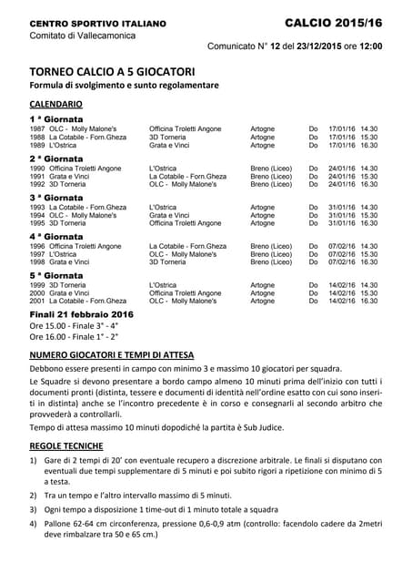 Calendario e regolamento campionato di calcio a cinque 2016